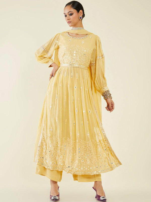 Soch Floral Embroidered Mirror Work Kurta With Palazzos & Dupatta - Distacart