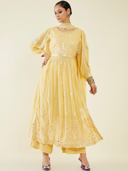 Soch Floral Embroidered Mirror Work Kurta With Palazzos & Dupatta - Distacart
