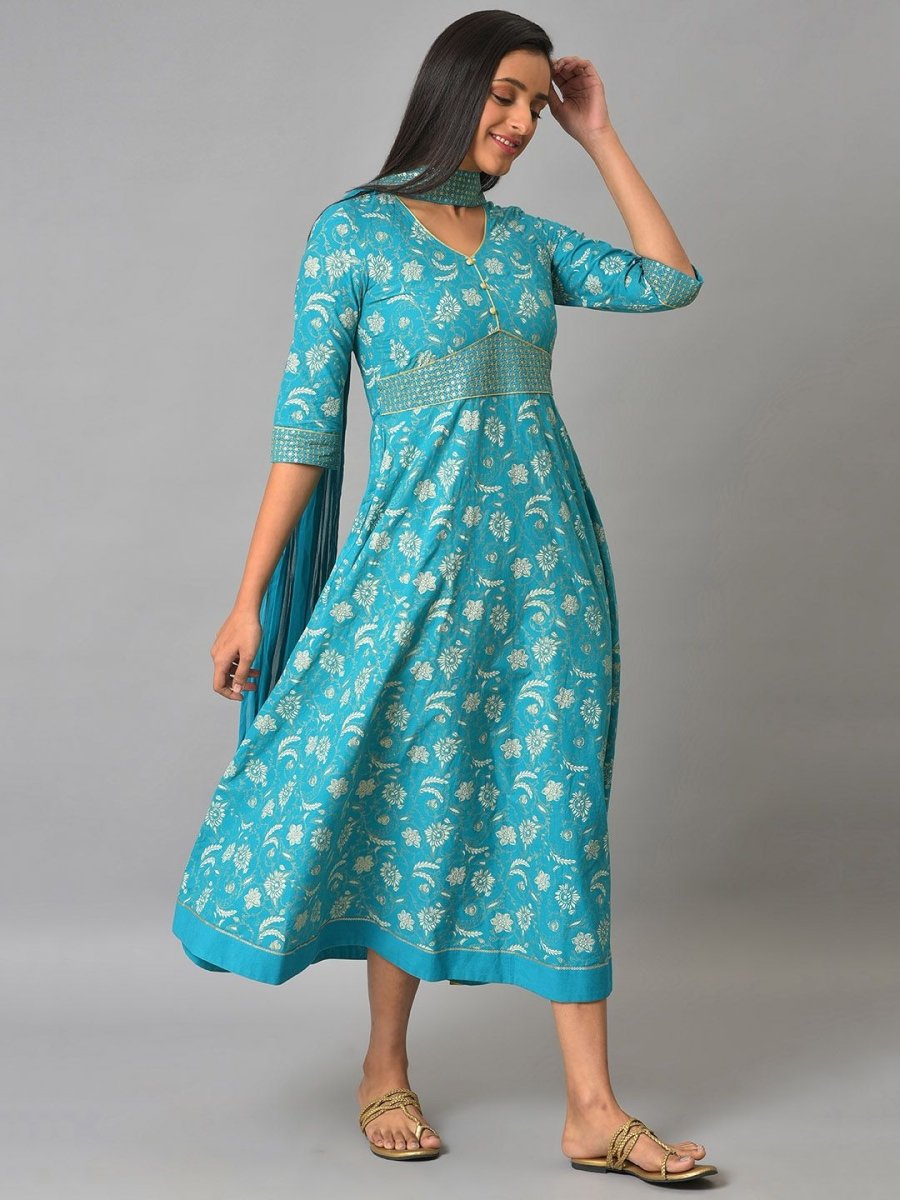 AURELIA Floral Print Ethnic A-Line Midi Dress With Dupatta