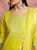 Thumbnail for Vishudh Lime Green Floral Yoke Design Thread Work Straight Kurta With Trousers & Dupatta