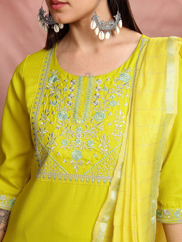 Vishudh Lime Green Floral Yoke Design Thread Work Straight Kurta With Trousers & Dupatta