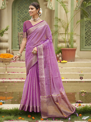 Anouk Lavender & Gold Toned Zari Tussar Silk Saree - Distacart