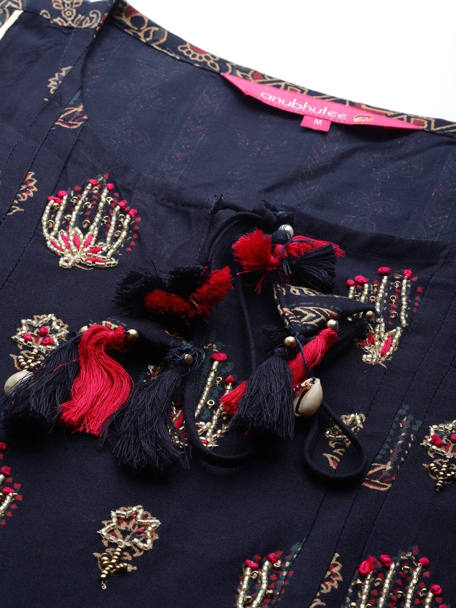 Anubhutee Women Navy Blue Floral Thread Work Kurta with Palazzos & With Dupatta - Distacart