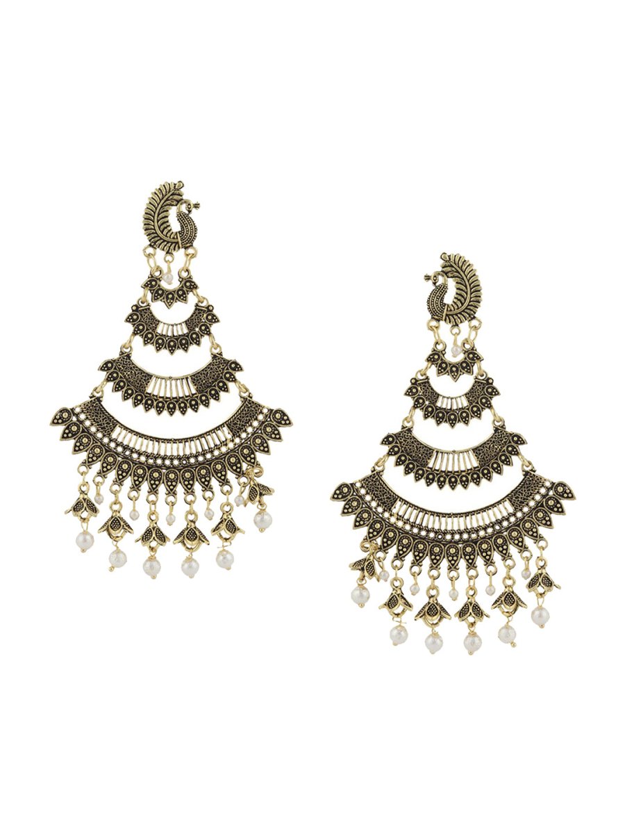 Anikas Creation Gold-Toned & White Peacock Shaped Chandbalis Earrings - Distacart