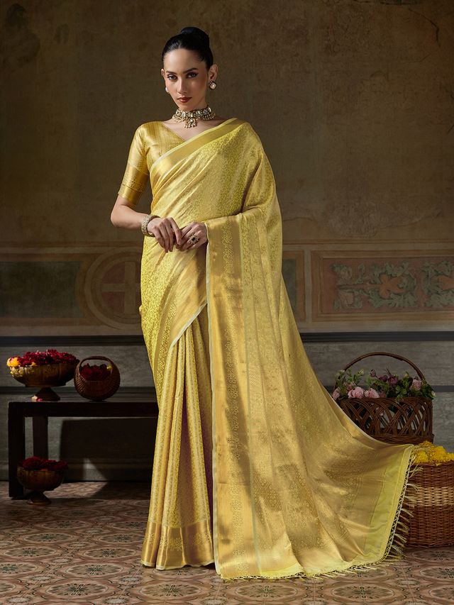Shree Shyam Fashion Yellow Gold Zari Work Kanchivaram Silk Woven Design Festive Wear Saree With Blouse