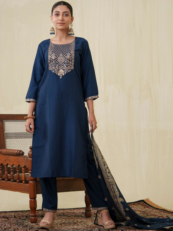 Ode by House of Pataudi Ethnic Motifs Yoke Design Sequinned Kurta With Trousers & Dupatta - Distacart