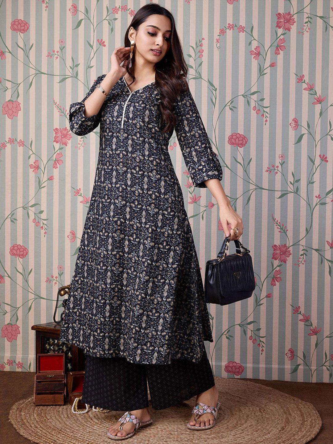 Ode by House of Pataudi Floral Printed Regular Pure Cotton A-Line Kurta With Trousers - Distacart