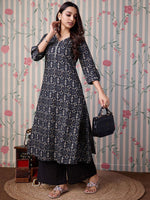 Thumbnail for Ode by House of Pataudi Floral Printed Regular Pure Cotton A-Line Kurta With Trousers - Distacart