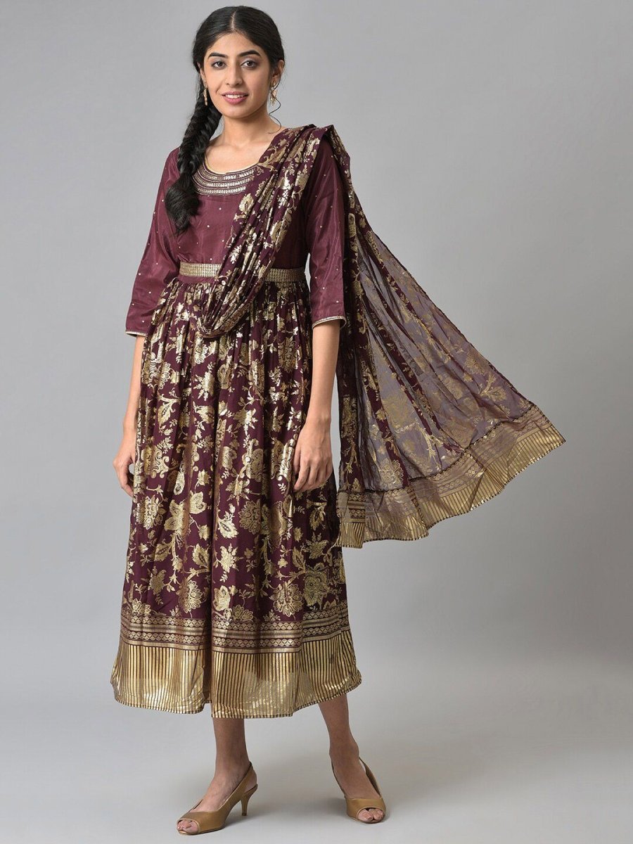 AURELIA Brown Ethnic Motifs A-Line Midi Dress