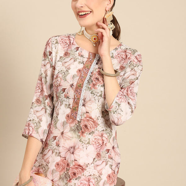 Sangria Women White & Pink Floral Printed Kurta - Distacart