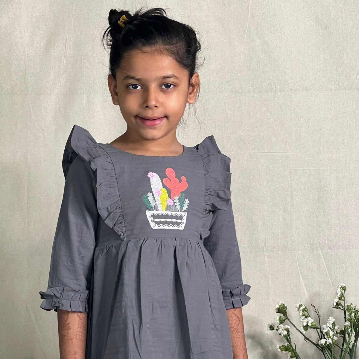 ArthLife Grey Cactus Embroidered Dress - Distacart