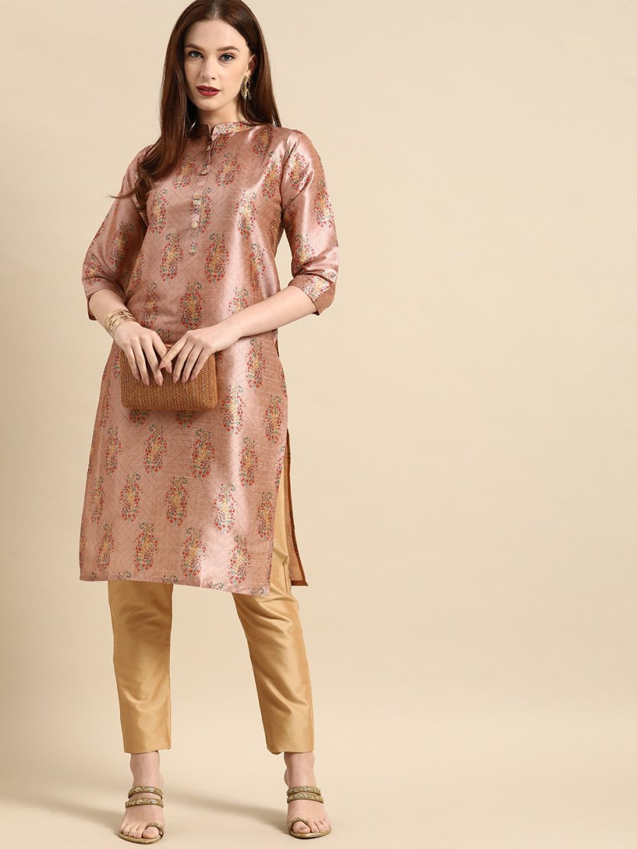 All About You Women Pink Paisley Print Mandarin Collar Pastels Chanderi Silk Blend Kurta - Distacart