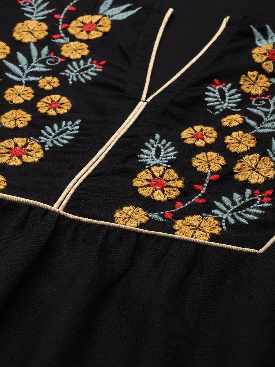 All About You Women Black Floral Yoke Design Embroidered Thread Work Straight Kurta - Distacart