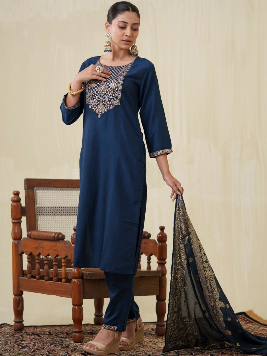 Ode by House of Pataudi Ethnic Motifs Yoke Design Sequinned Kurta With Trousers & Dupatta - Distacart