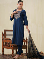 Thumbnail for Ode by House of Pataudi Ethnic Motifs Yoke Design Sequinned Kurta With Trousers & Dupatta - Distacart