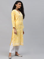 Thumbnail for ADA Women Yellow Ethnic Motifs Embroidered Chikankari Handloom Kurta with Palazzos - Distacart