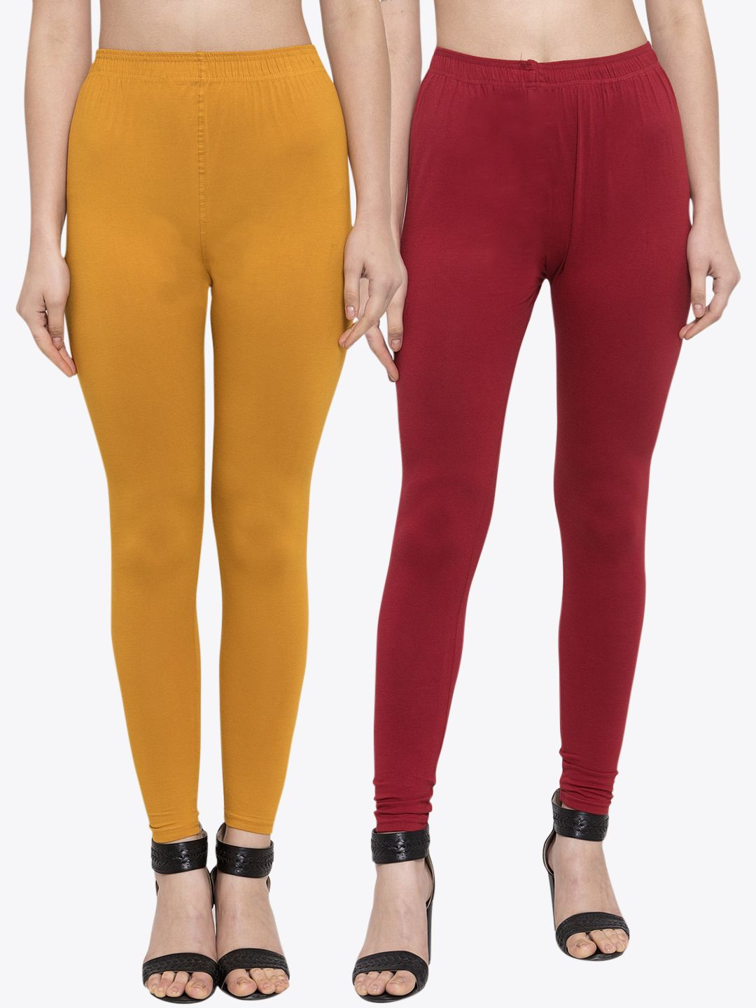 TAG 7 Women Pack Of 2 Mustard Yellow & Maroon Solid Churidar-Length Leggings - Distacart