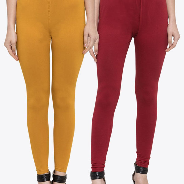 TAG 7 Women Pack Of 2 Mustard Yellow & Maroon Solid Churidar-Length Leggings - Distacart