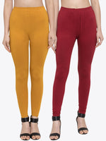 Thumbnail for TAG 7 Women Pack Of 2 Mustard Yellow & Maroon Solid Churidar-Length Leggings - Distacart