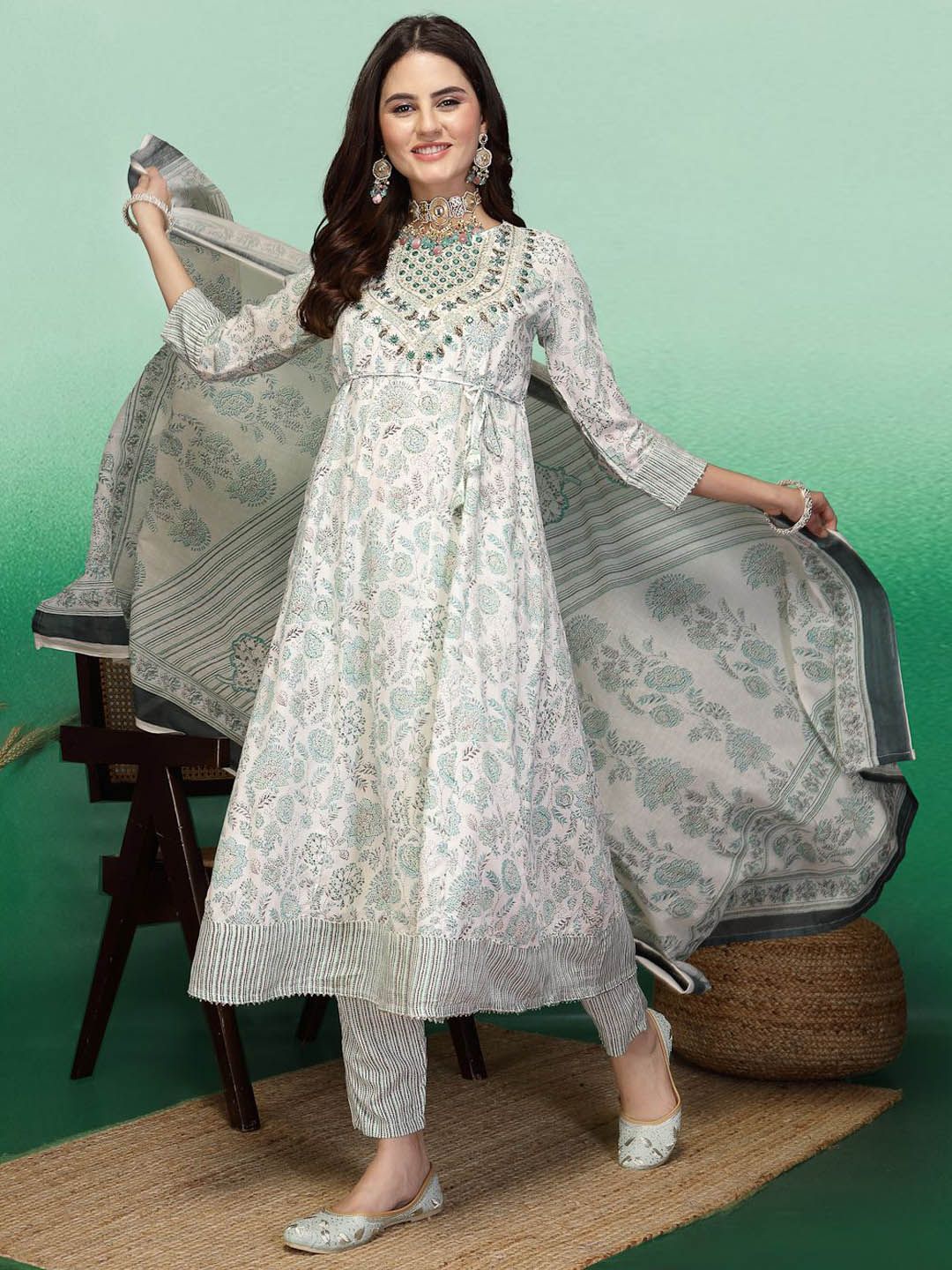 Sangria White & Green Floral Printed A-Line Kurta With Trouser & Dupatta
