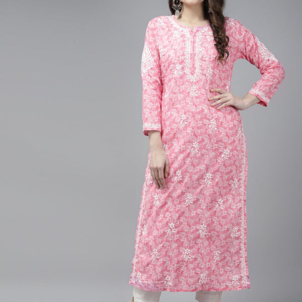 ADA Women Pink & White Floral Chikankari Cotton Handloom Kurta - Distacart