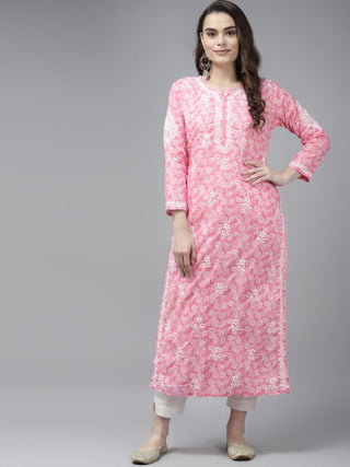 ADA Women Pink & White Floral Chikankari Cotton Handloom Kurta - Distacart