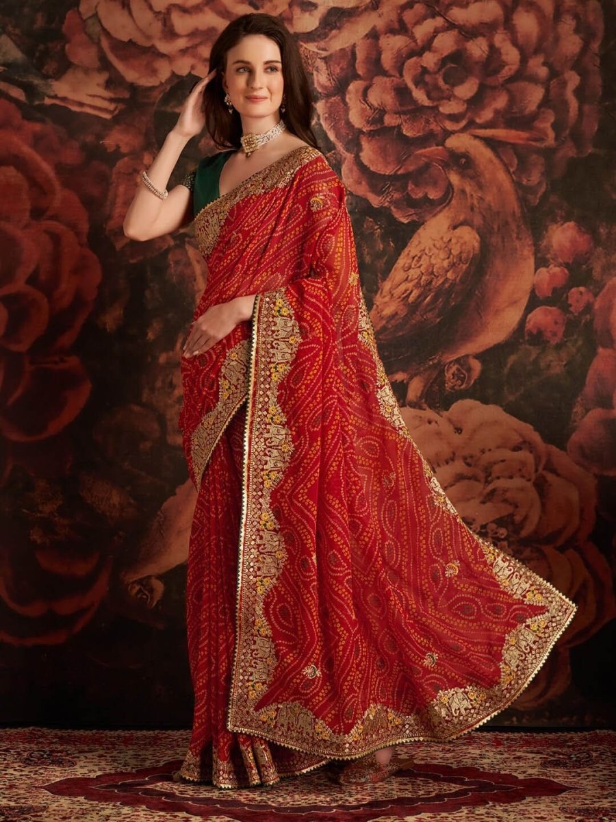 Anouk Red & White Printed & Embellished Georgette Bandhani Saree - Distacart