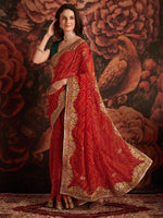 Thumbnail for Anouk Red & White Printed & Embellished Georgette Bandhani Saree - Distacart