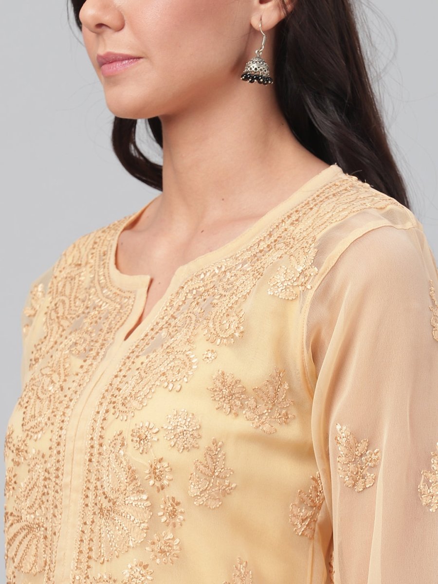 ADA Women Beige Chikankari Hand Embroidered Straight Sustainable Handloom Kurta With Slip - Distacart