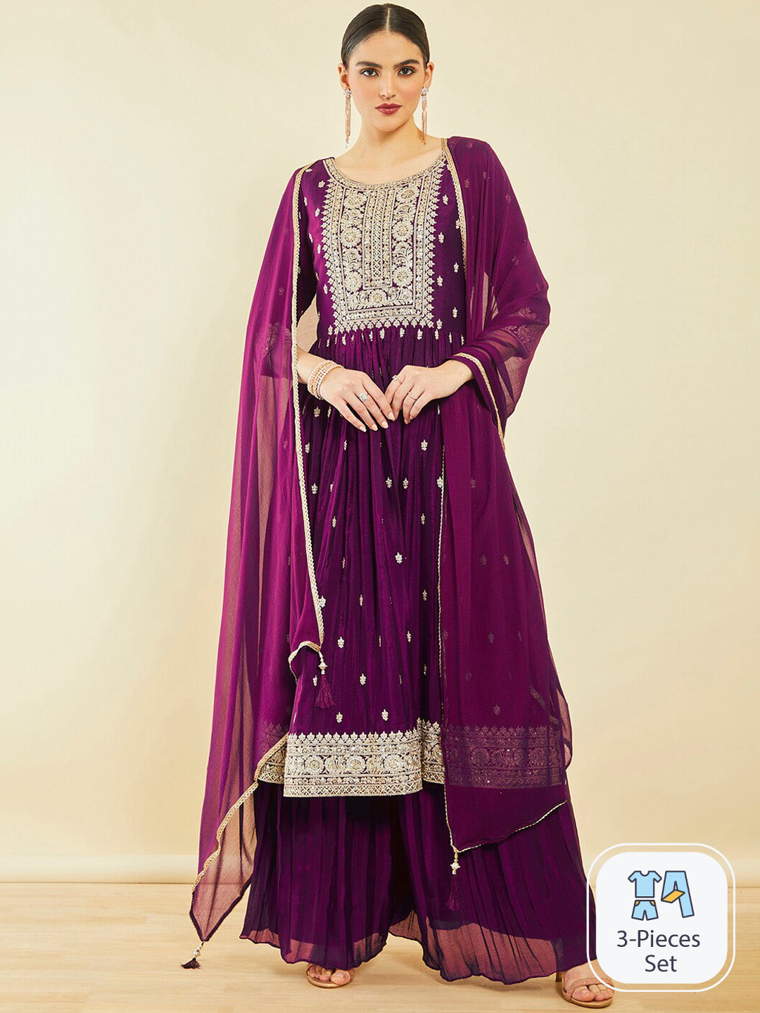 Soch Ethnic Motifs Embroidered Sequinned High Slit Kurta With Palazzos & Dupatta - Distacart