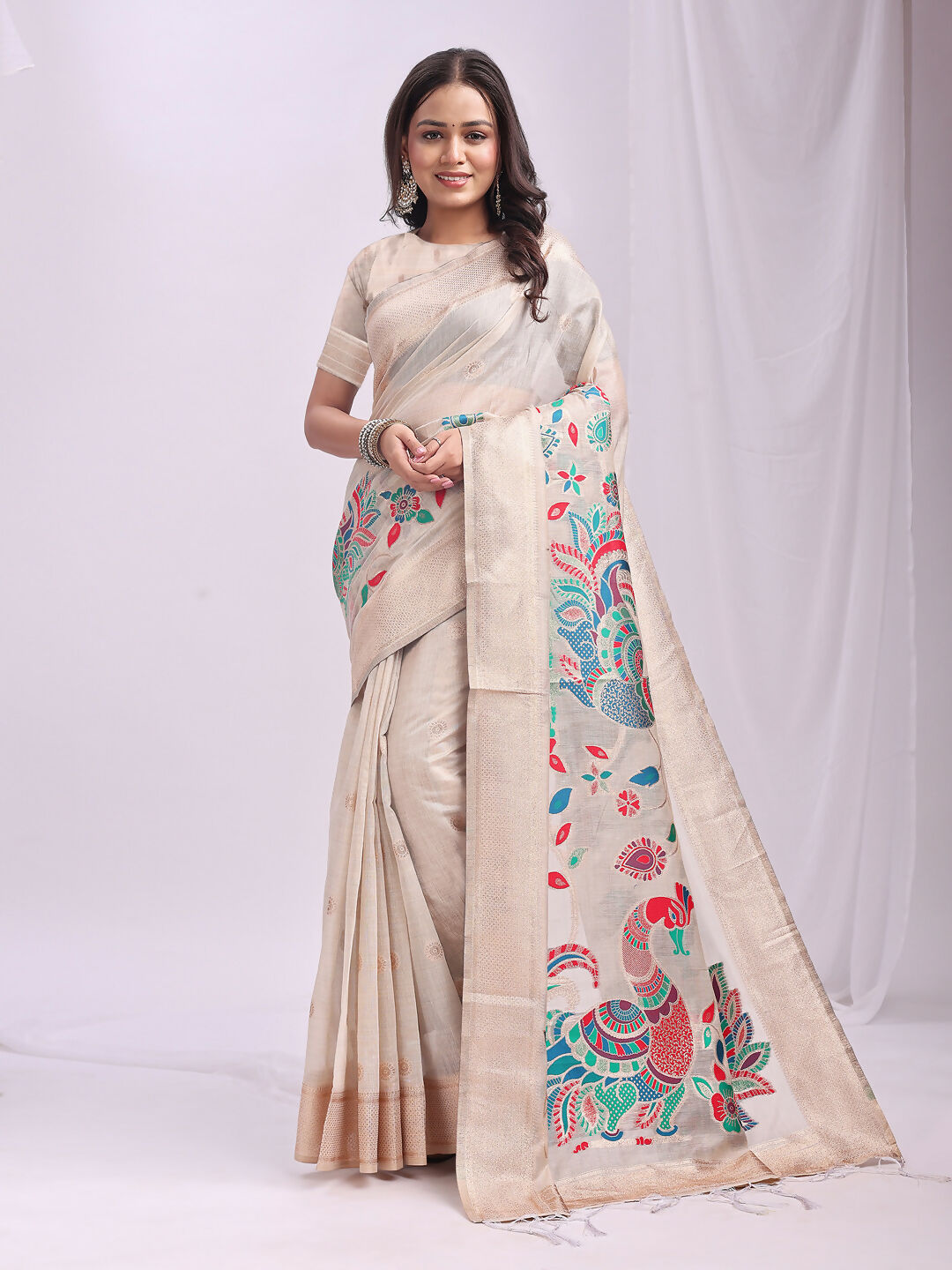 Astita Linen Cotton Cream Saree