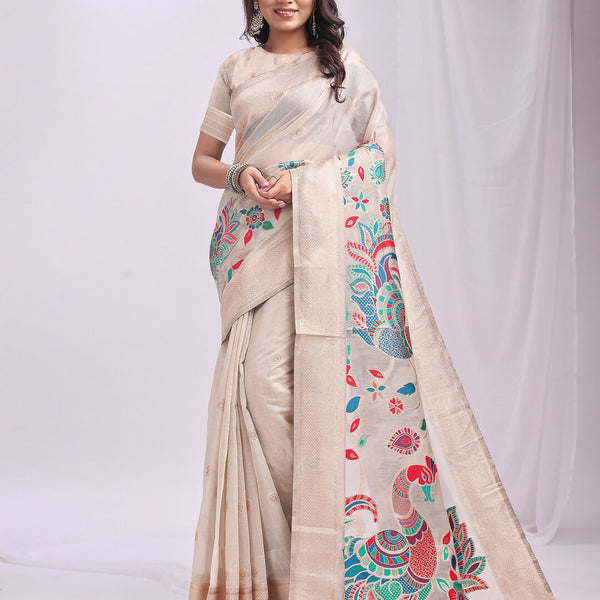 Astita Linen Cotton Cream Saree