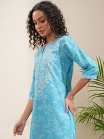 Thumbnail for Vishudh Blue Paisley Printed Notch Neck Straight Kurta
