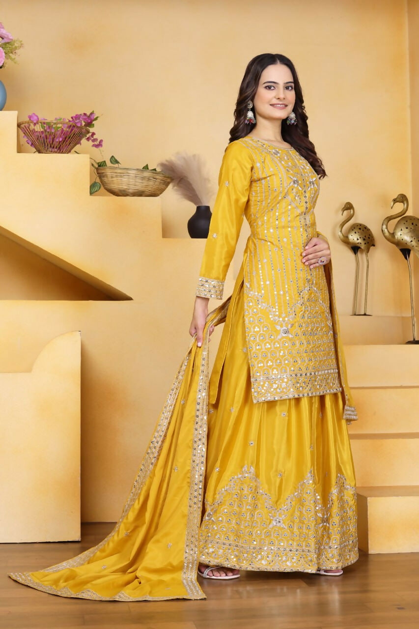 Teeya Creation Yellow Color Natural Crepe Silk Wedding Wear Trending Palazzo Set - Distacart