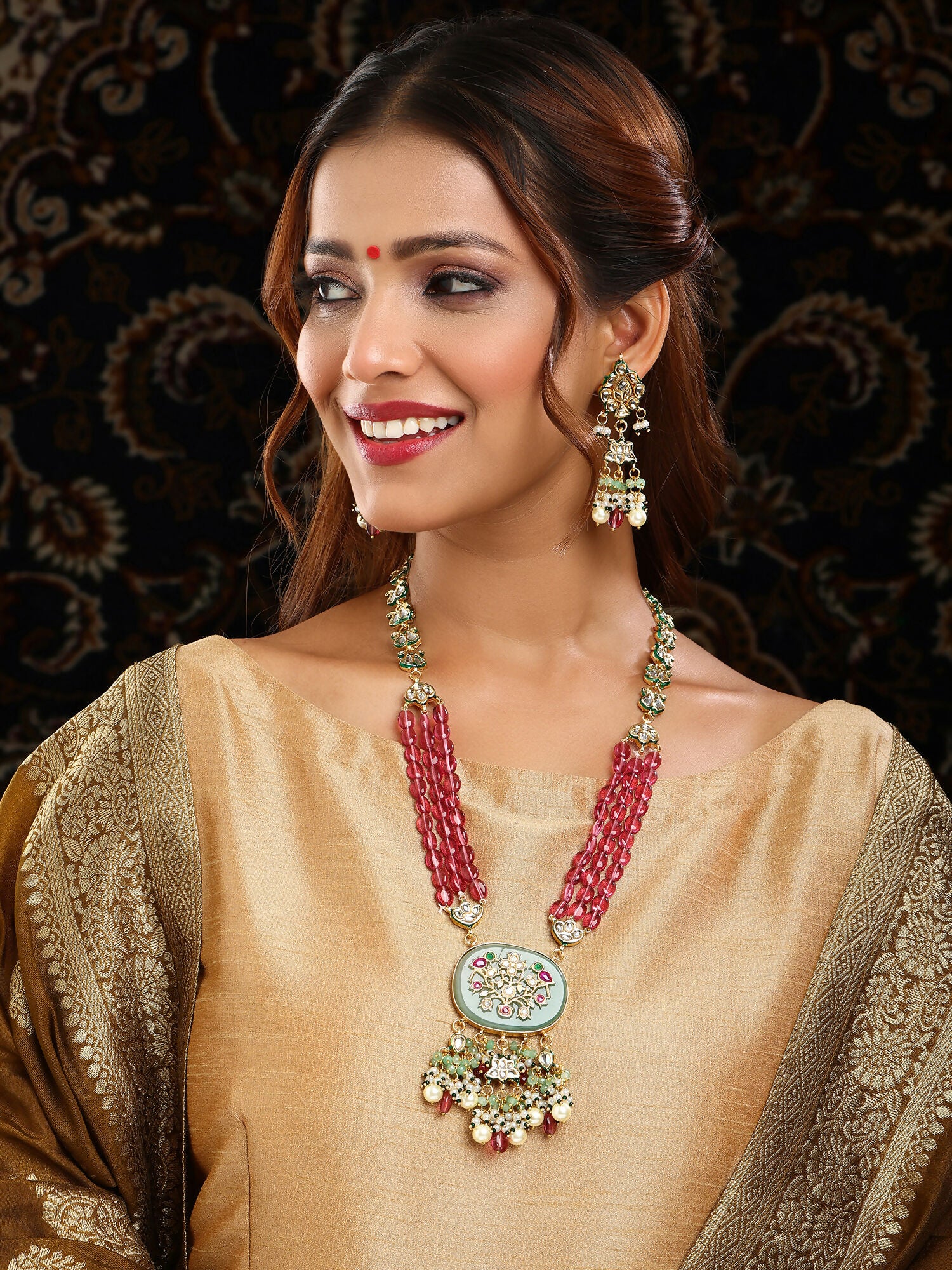 Ruby Raang 22k Gold Polished Long Multi Kundan Necklace With Earrings