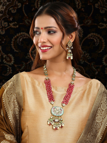 Ruby Raang 22k Gold Polished Long Multi Kundan Necklace With Earrings