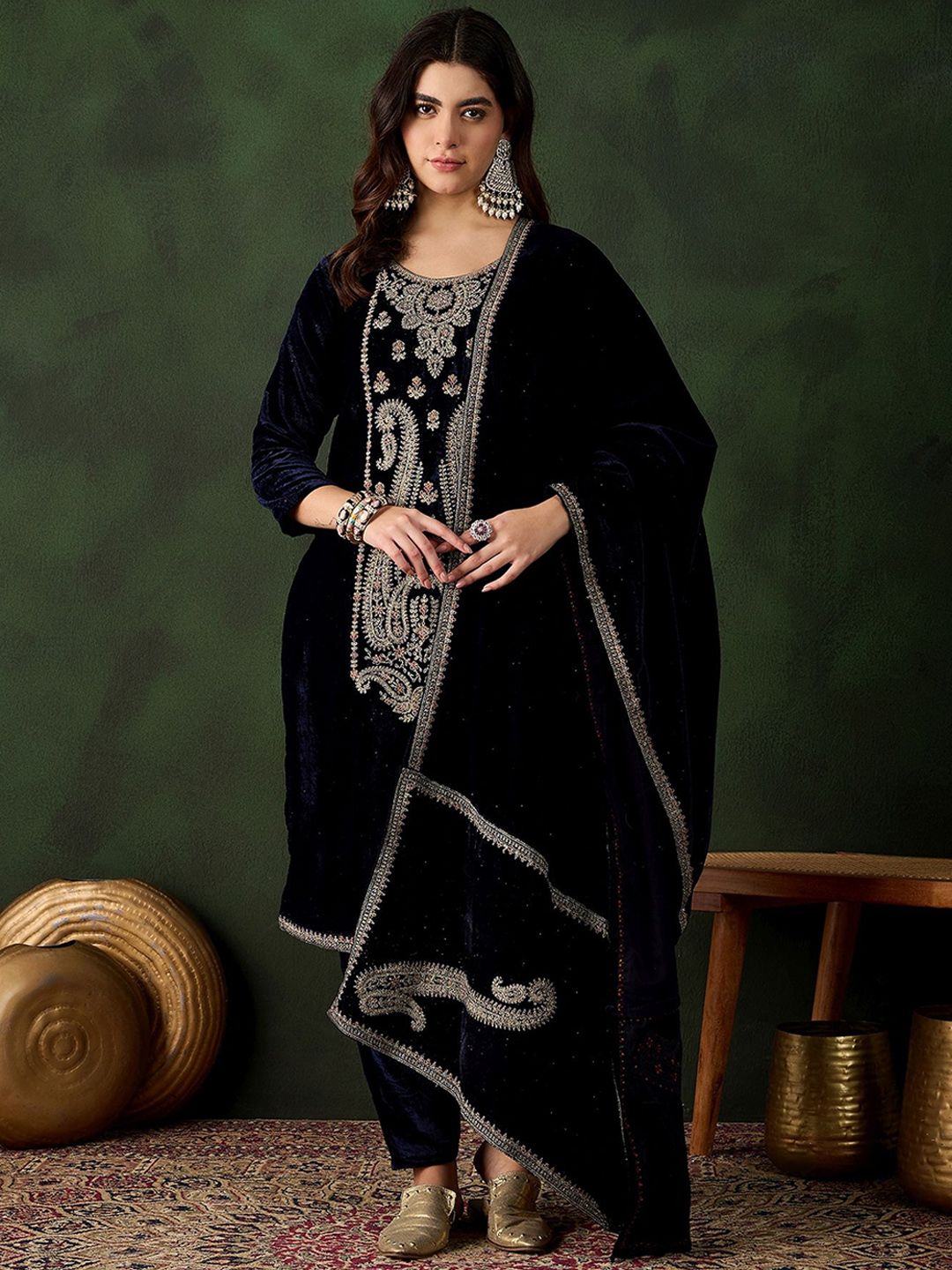 Sangria Floral Embroidered Straight Kurta & Trousers With Dupatta - Distacart