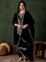 Thumbnail for Sangria Floral Embroidered Straight Kurta & Trousers With Dupatta - Distacart