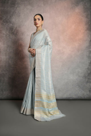 Vishnu Weaves Women's Firozi Tissue Linen Zari Woven Saree with Blouse - Distacart