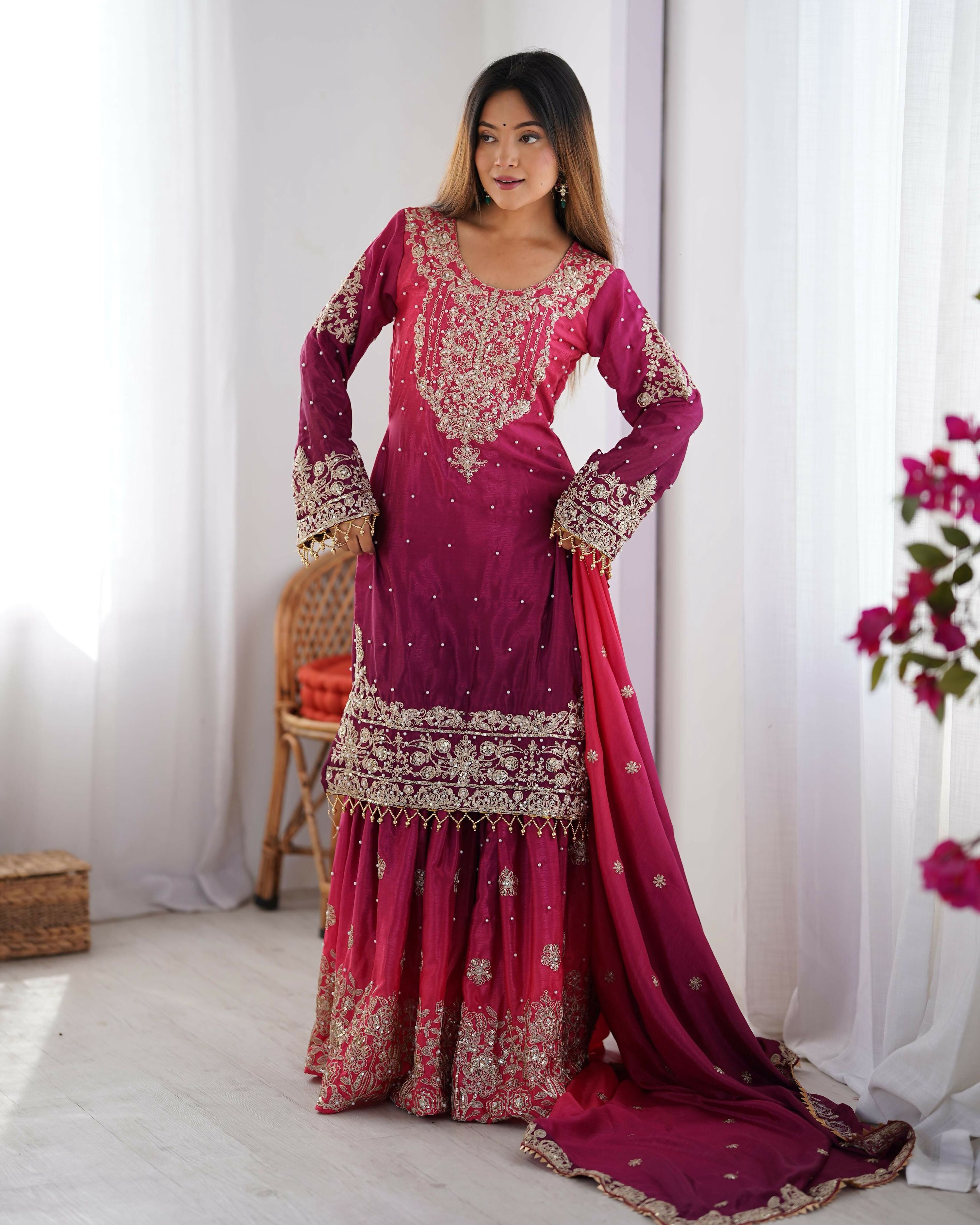 Joban Fashion Pink Palazzo Chinon silk Coding Dori with Sequence with Rivet Moti