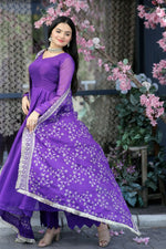 Thumbnail for Jyoti Fashion Women's Purple Tabby Silk Designer Kurta with Trouser & Dupatta - Distacart