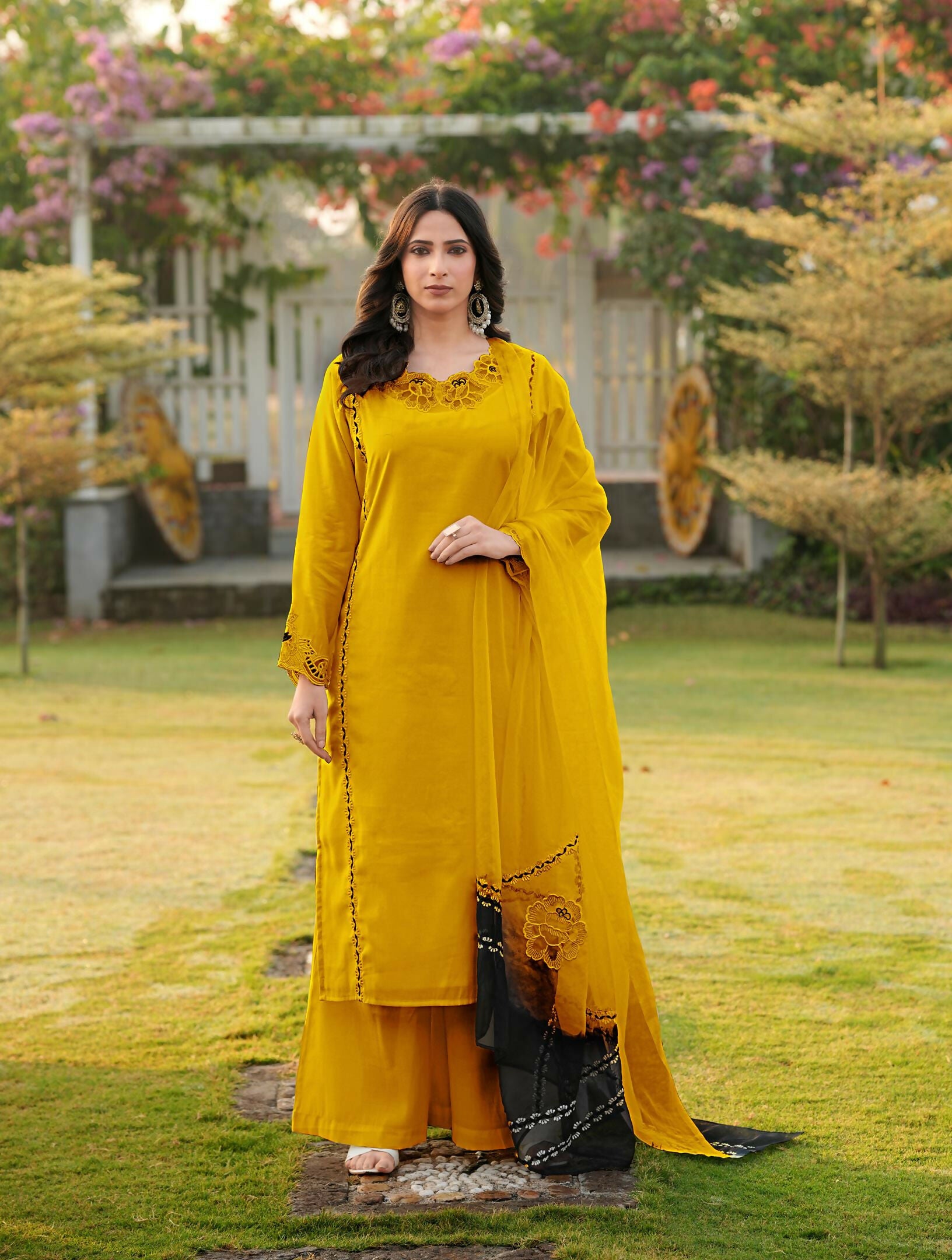 Nikhaar Yellow Embroidered Art Silk Stitched Straight Cut Kurta Palazzo Dupatta Readymade Suit - Dista