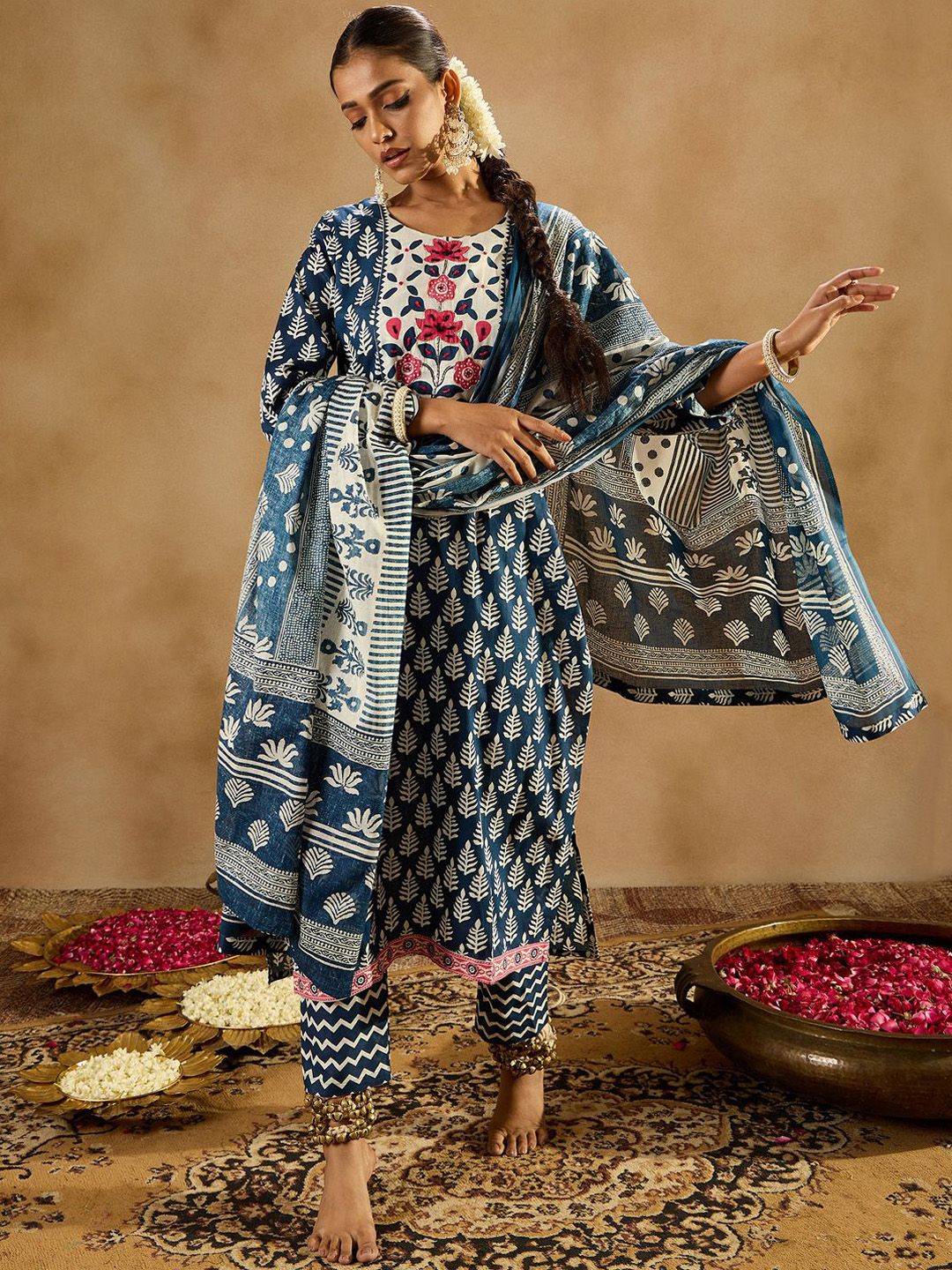 Indo Era Ethnic Motifs Printed Thread Work Pure Cotton Kurta with Trousers & Dupatta - Distacart