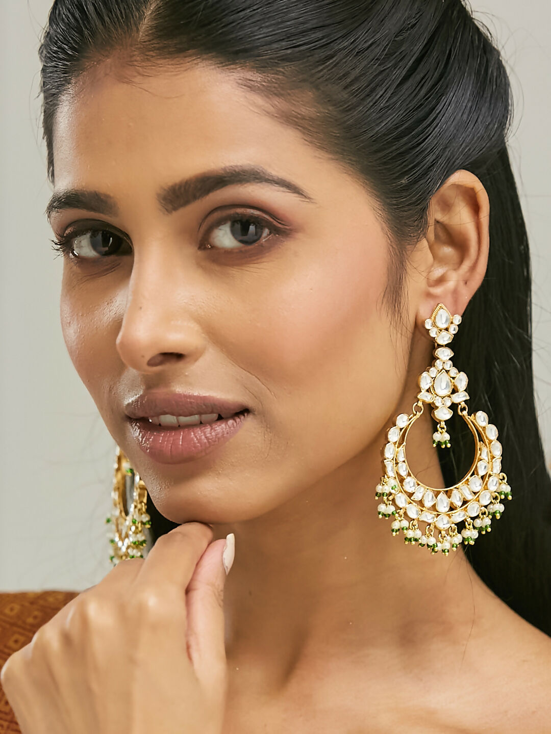 Nuyug 22K Gold-Plated Elegant Kundan Studded & Beaded Floral Chandbali Earrings