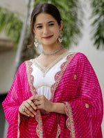 Thumbnail for The52 White Women's Gorgeous Embroidered Chanderi Fabric Straight Kurta, Pant and Dupatta Set - Distacart