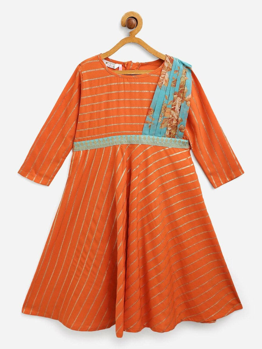 Ahalyaa Orange Crepe Gold Striped Printed Kids Dress Kurta With Attached Dupatta For Girls - Distacart