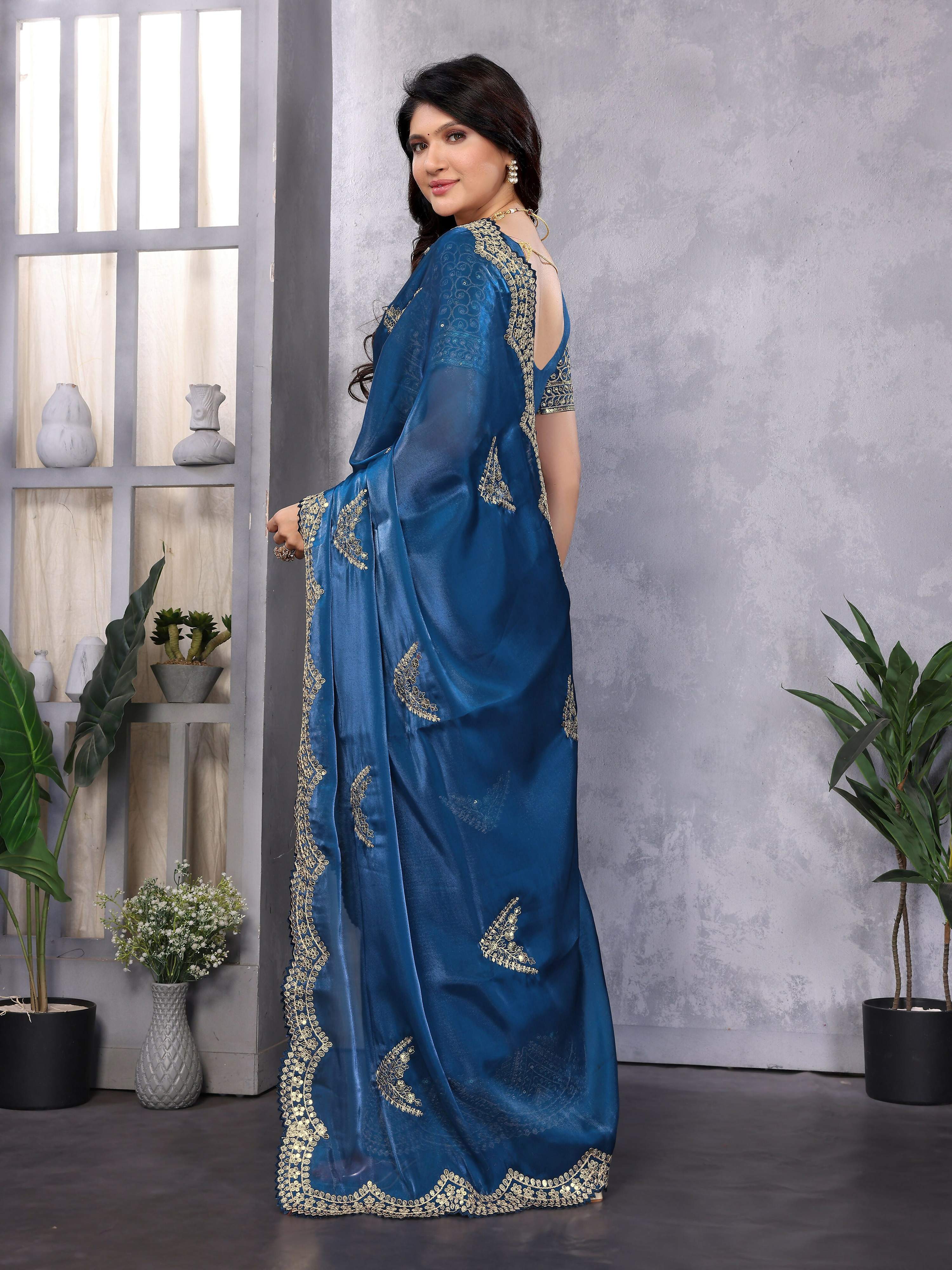 Vastranavya Blue Embroidery Work Shimmer Chiffon Saree with Unstitched Blouse