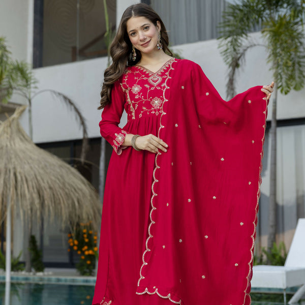 The52 Women's Beautiful Vichitra Silk Fabric Embroidery Work Flared Anarkali Pant and Dupatta Set - Distacart