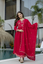 Thumbnail for The52 Women's Beautiful Vichitra Silk Fabric Embroidery Work Flared Anarkali Pant and Dupatta Set - Distacart
