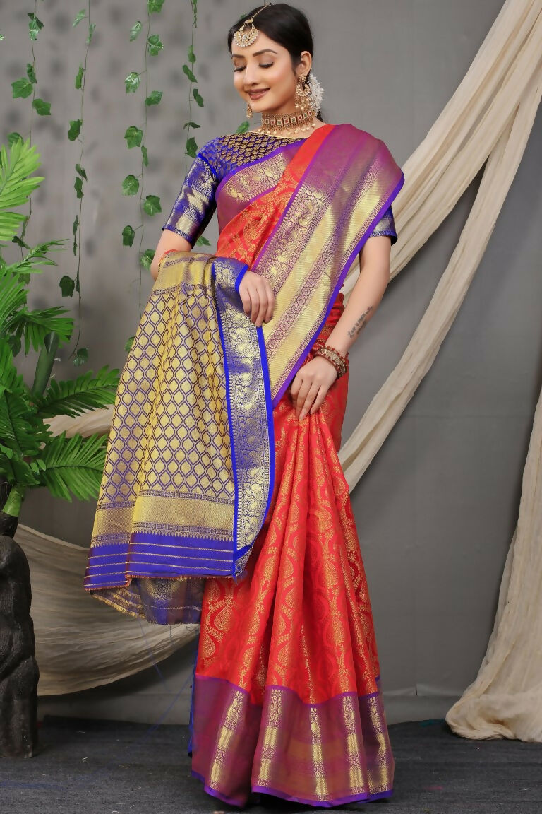 Jyoti Fashion Women's Red Kanjivaram Silk Zari Woven Saree with Blouse - Distacart